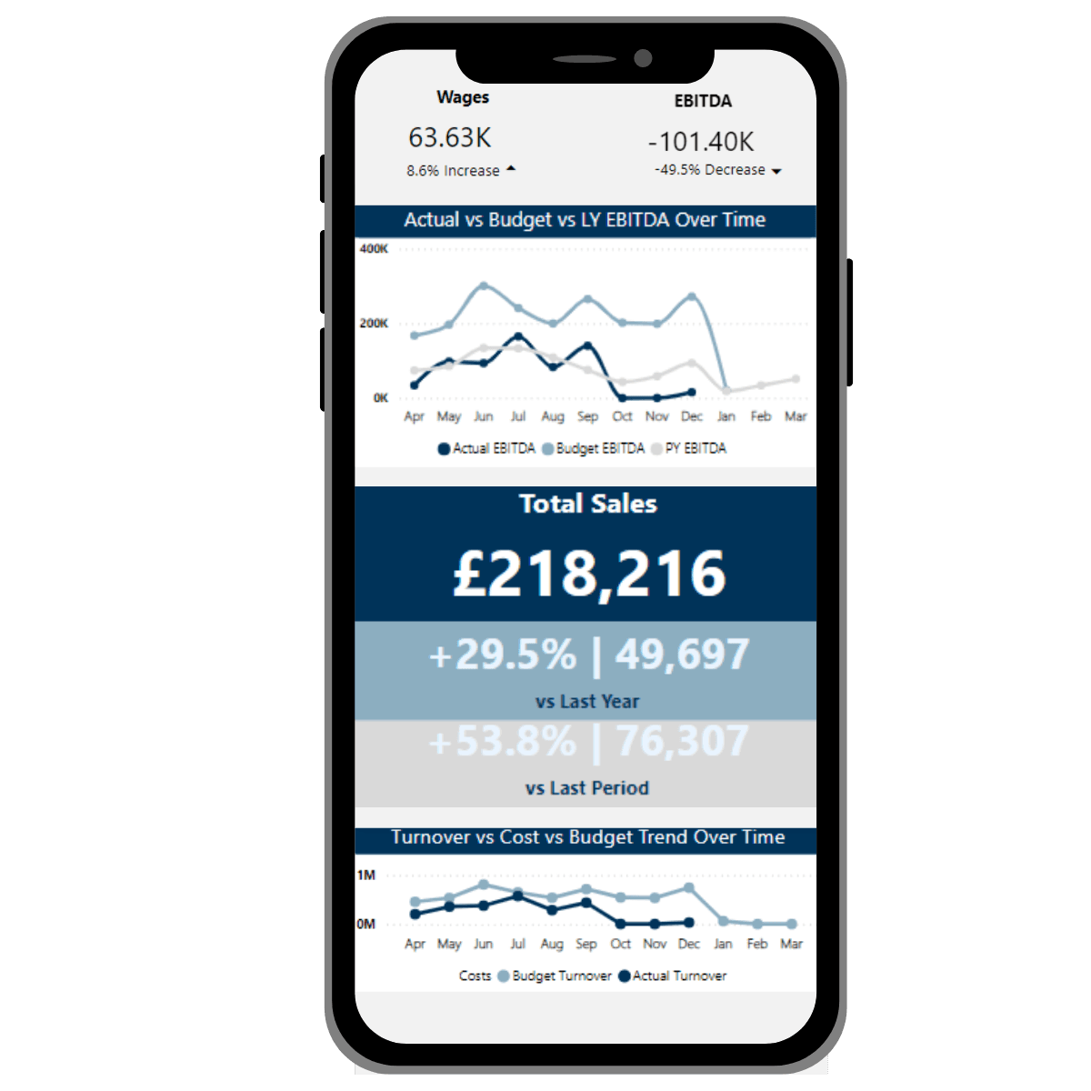 WS Executive Finance Pack showing EBITDA actual vs budget vs last year, and total sales against last year and last period